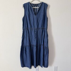 Lands End Dress Womens Size XXL Denim Tierred Sinch Waist Vneck Sleeveless Blue